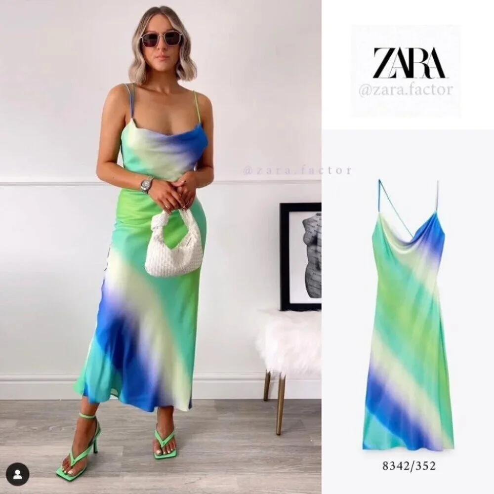 Zara Multicolored Tie Dye Satin Effect Cross Back Midi Dress Blue Green Ombre XS